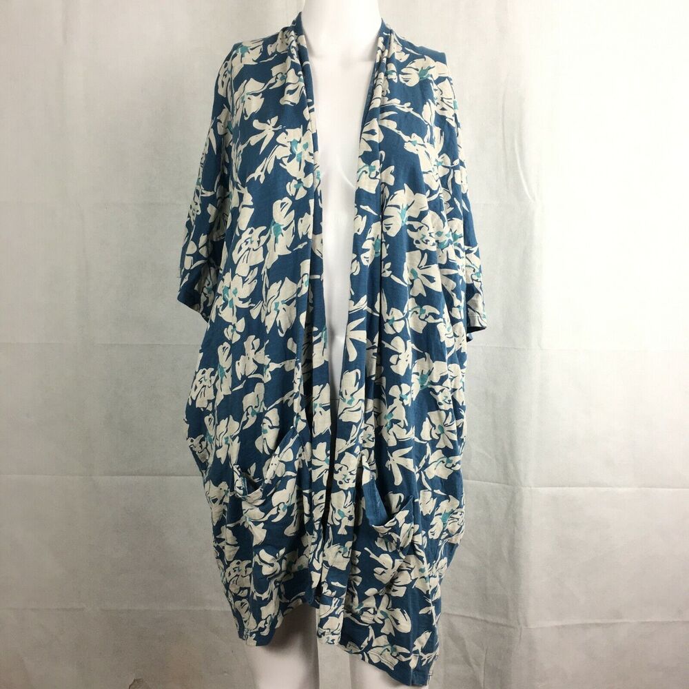 Natural By Known Supply Kimono Cardi Women Sz M L Blue Floral Organic Cotton